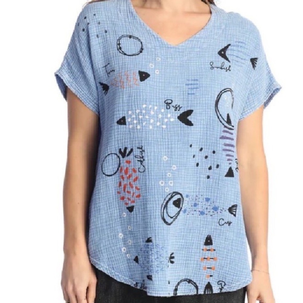 NEW Jess &‎ Jane Large Bahamas Print Gauze Top 100% Cotton Blue
